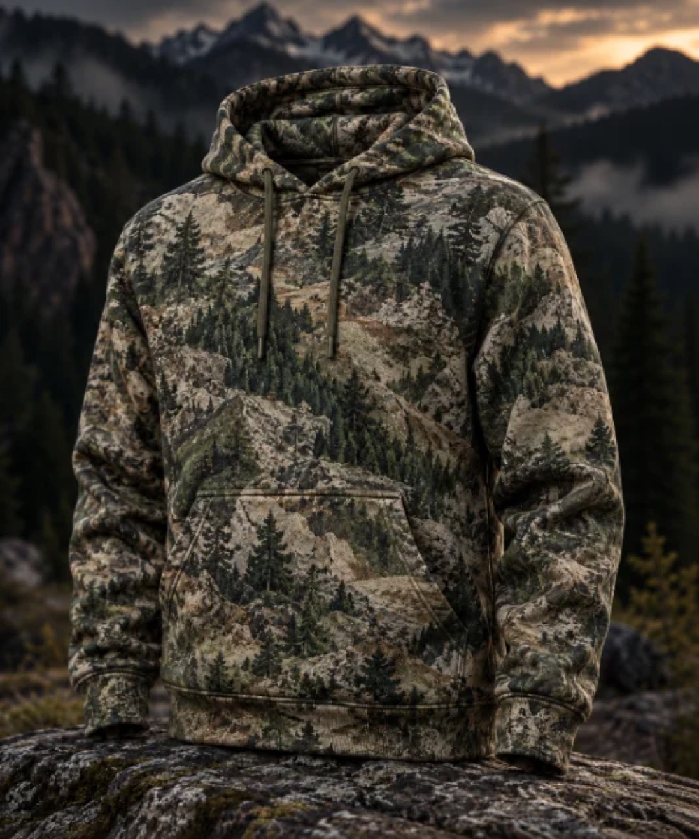 Hoodie wearing a terrain pattern